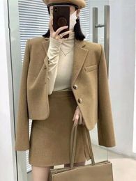 Work Dresses Autumn Winter High Quality Luxury Elegant Woolen Coat Set Women Short Jacket Mini Skirt Korean Sweet 2 Piece Suit