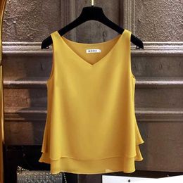 Women's Blouses Shirts 2024 Fashion Brand Womens Shirt Top Summer Sleeveless Chiffon Shirt Solid V-neck Casual Shirt Plus Size 5XL Loose Womens TopL2405