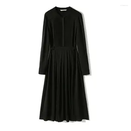 Casual Dresses Limiguyue French Retro Black Pleated Satin Dress Summer Slim Waist Silk Elegant A-Line Midi Office Lady Vestidos Z037