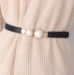 Belts Women Double Pearl Belt PU Leather Dress Skirt Waist Elastic Thin Ladies Waistband4285270