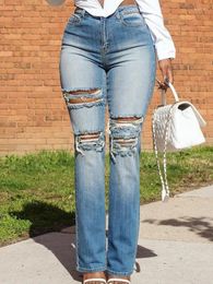 Women's Jeans Fashion Spring 2024 High Stretch Slim Wash Water Cut Effect Ripped Street Trend Denim Pants