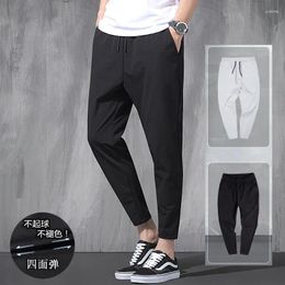 Men's Pants 2024 Korean Ice Silk Elastic Trousers Four Seasons Thin Casual Loose 9-Point Large Size Small Foot Sports Spring