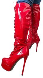 Boots FENGKEEN Women's Handmade Big Large Size Goth Red Patent Stiletto Platform Designer Lolita Style Lace Up Knee High Heeled