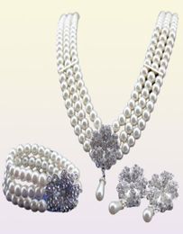 Rhodium Silver Tone IvoryCream Pearl Bridal Jewellery Set Wedding Necklace Bracelet and Earrings Sets8663743