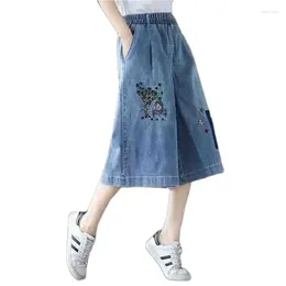 Women's Pants 2024 Embroidered Cropped Jeans Female Thin Elastic Waist Loose Denim Slim Wide Legs Simple Solid Colour Cowgirl