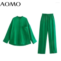 Women's Two Piece Pants AOMO 2024 Women Green Shirt Set Tracksuit Sets Oversized Suit 2 Pieces Blouse Suits 5Z246A