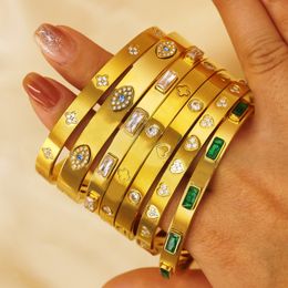 New Trendy Women Bracelets Bangles Stainless Steel 18K Real Yellow Gold Plated Bling CZ Bangles Bracelet Nice Gift for Friend