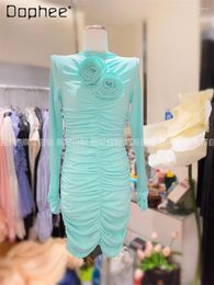 Casual Dresses Sweet Sexy Pinch Pleated Waist-Tight Dress 2024 French Style Women's Three-Dimensional Flower Skinny Slimming Hip