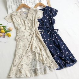 Party Dresses Summer Fashionable Sexy V-neck Printed Short Sleeved Dress Women Floral High Waisted Lace-up Irregular Ruffled Edge Frock