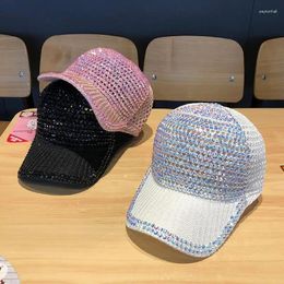 Ball Caps Women Rhinestone Hat Summer Hollow-out Breathable Sun-Proof Baseball Cap Knitted Peaked Trendy Spring Autumn Thin