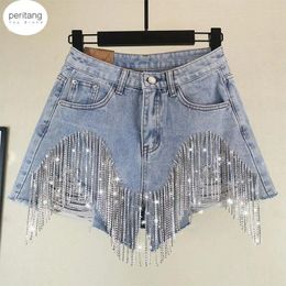 Women's Shorts Summer European Style High Quality Diamond Tassels Denim Woman Fashion Waist Jeans