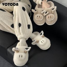 Slippers Winter Home Cartoon Cute Cow Women Thick Sole Warm Soft Slides Funny Animal Cotton Shoes Plush Flip Flop Ladies Slipper