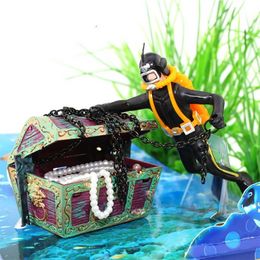 Treasure Chest Hunter Diver Action Figure Fish Tank Ornament Air Bubbler Movement Aquarium Undersea Landscape Decorations 240429