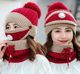 New Windproof Beanies Hat Women Warm Knit Hats Scarf Sets Female Winter Padded Mask Neck Protector 3 PC Set Cycling Wool Caps5620553