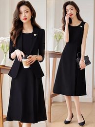 Work Dresses Office Ladies Dress Suits For Women Fall Winter 2024 Solid Single Button Slim Formal Blazer Tanks 2 Piece Set