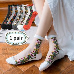 Women Socks 2 Pair Soft Comfy Elastic Mesh Pattern Glass Silk Female Retro Card Small Floral Jacquard