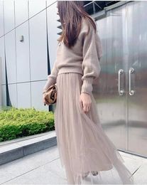 Work Dresses Ladies Autumn & Winter One-shoulder Knitted Sweater Fairy Mesh Midi Skirt - Women Top Two-piece Set