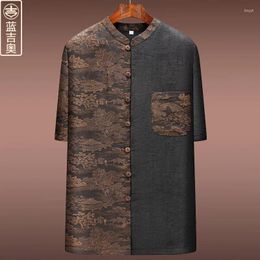 Men's Casual Shirts Xiangyun Yarn Shirt Summer Short-Sleved Silk Stand Collar Chinese Clothing Zen