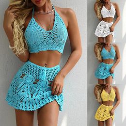 Women's Swimwear Crochet Hollowed Out Bikinis Sets For Women Sexy Halter Swimsuits Lace-Up Solid Color Bathing Suit 2024 Maillot De Bain