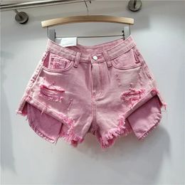 2024 Summer Womens Pink Hole Denim Shorts High Waist Slimming Spicy Girl A-line Ragged Edge Shorts 240425