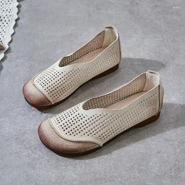 Casual Shoes 2024 Breathable Genuine Leather Summer Woman Flats Hollow Comfortable Ladies White Loafers Soft