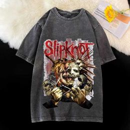 Men's T-Shirts Y2K Wash Black T-shirt Mens Street Clothing Graphic Womens Distressed T-shirt Slipknotes Womens Heavy Metal Top Prepared for eHellL2403