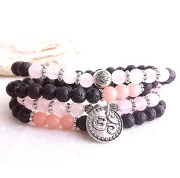 MG0987 Trendy Design 6 mm Rose Quartz Lava Stone Bracelet Womens Pink Opal 108 Mala Ohm Charm Bracelet7706135