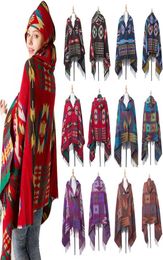 Women Bohemian Collar Plaid Hooded Blanket Cape Cloak Poncho Fashion Wool Blend Winter Outwear Shawl Scarf DDA7556180254