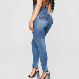 Women's Jeans High Waisted Women's Dark Blue Casual Elasticity Skinny All-match Stripe Zipper Ankle-length Cowboy Denim Pencil Pants