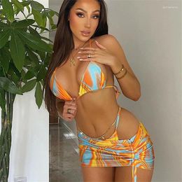 Women's Swimwear Sexy Print Three Piece Bikini Set With Skirt Women Push Up Bra High Waisted Thong Swimming Bathing Suit Summer Swimsuit