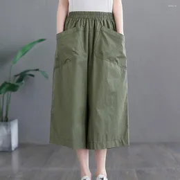 Women's Pants Summer Stylish Cropped With Pockets Elastic Waist Wide Leg Loose Work Crop For Women Solid Colour Mid-calf