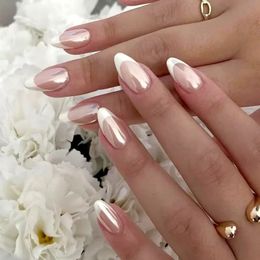 24pcs Small Almond Oval Decorated Cloud Milk Wearable Fake Nails Short Press On Nail Coffin Detachable French False Tips 240430