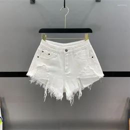 Women's Shorts Summer Spicy Girl Hole-breaking Denim 2000s Style Y2k 2024 White Tassels Low-waist Pants Sexy A Line