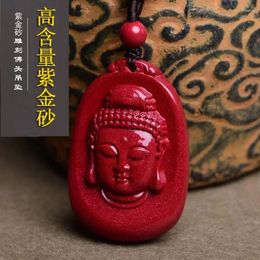 Chains Natural Cinnabar Sakyamuni Buddha Head Pendant High Content Purple Gold Sand Necklace Woollen Chain Couple