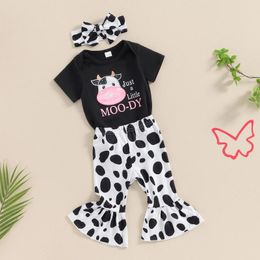 Clothing Sets FOCUSNORM 3pcs Lovely Baby Girls Summer Clothes 0-18M Letter Cow Print Short Sleeve Rompers Flare Pants Headband