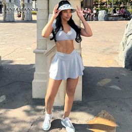 Work Dresses ANJAMANOR Sports Casual Short 2 Piece Set V-Neck Crop Top High Waist Mini Skirt Suit Summer Cute Outfit For Woman 2024 D87-CZ24