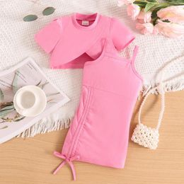 Clothing Sets Girls Baby Summer Solid Color Short Top Camisole Pleated Skinny Dress Set With Headband