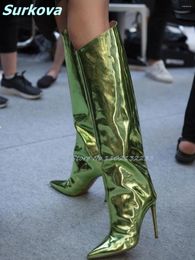 Boots Green Mirror Knee High Pointy Toe Thin Heels Solid Slip On Long Fashion Sexy Catwalk Women Shoes 10CM/12CM Heel