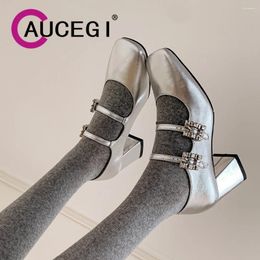 Dress Shoes Aucegi Women Mary Janes Pumps Chunky Heel Square Toe Office Lady Genuine Leahter Rhinestone Buckle Party Dancing Silver