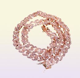 UWIN 9mm Iced Out Women Choker Necklace Rose Gold Metal Cuban Link Full With Pink Cubic Zirconia Stones Chain Jewelry9458215
