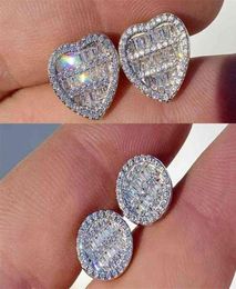 14mm Sillver Color Hip Hop Iced Out Bling Micro Pave CZ 5A Cubic Zircoina Heart Shaped Screw Back Earring For Women Jewelry 2106163842951