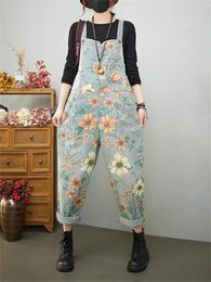 Women's Jeans Fall Fashion Floral Print Vintage Denim Pants Female Empire Waist Loose Casual Suspender Baggy Streetwear Overall Z673