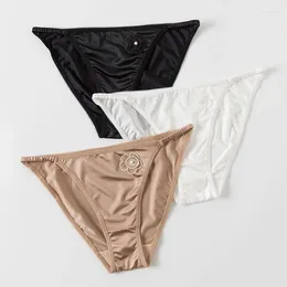 Women's Panties 1pc Women Ultra-thin Nylon Solid Colour Satin Seamless Breathable Briefs Low-waist Floral Elastic Lingerie Underpants