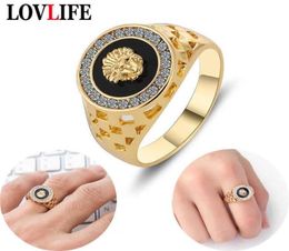Punk Men Lion Head Rings Crystal Enamel Ring for Women Gold Alloy Hollow Finger Vintage Hip Hop Rock Party Brand Jewelry63063331001123