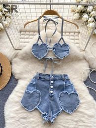 Women's Tracksuits SINGREINY Denim Beach Sexy Two Piece Set Women Love Backless Camisole Hollow Out Design Shorts Summer Fashion Slim Suit