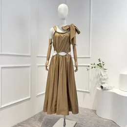 Casual Dresses 2024 Spring Summer High Quality Elegant Khaki White Black Self-tie Cut Out Waist Straps Long Dress Women