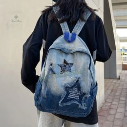 Y2K Korean Casual Denim Backpack Fashion Star Pattern Large Capacity Student Schoolbag Teenagers Vintage Punk Travel Book Bag 240426