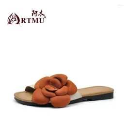 Slippers Artmu Big Flower Women 2024 Summer Genuine Leather Luxury Outdoor Flats Shoes Slides Ladies