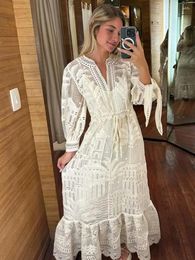 Casual Dresses Embroidered White Lace Midi Dress Elegant For Women Fashion Spring Summer Boho Beach Style Long Sleeve Hollow Out In