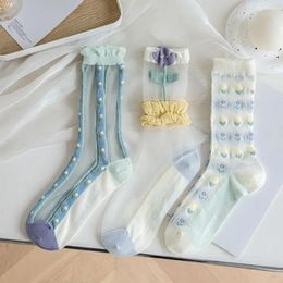Women Socks Ultra Thin Transparent Crystal Silk Summer Harajuku Crew Sock Retro Flower Elastic Long Calcetines Mujer